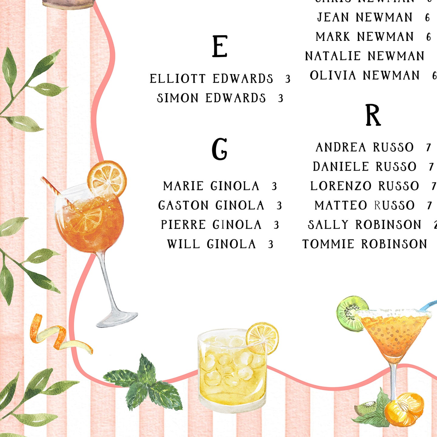 Cocktail themed wedding table plan with custom illustrations